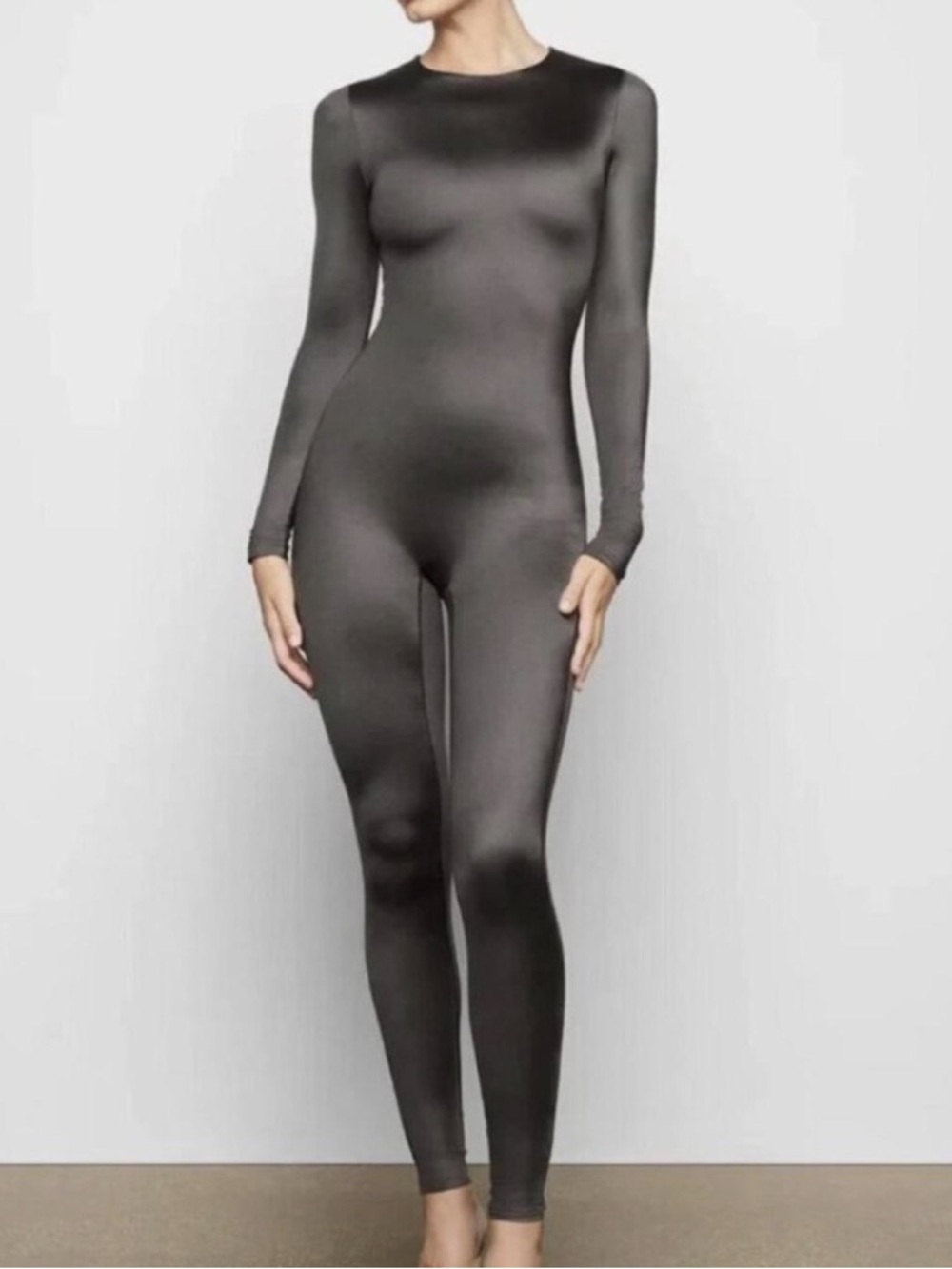 Skims black all in one scoop neck long sleeve jumpsuit